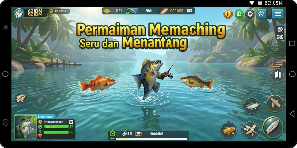 Screenshot permainan 62IDN yang menunjukkan pemain menangkap ikan.