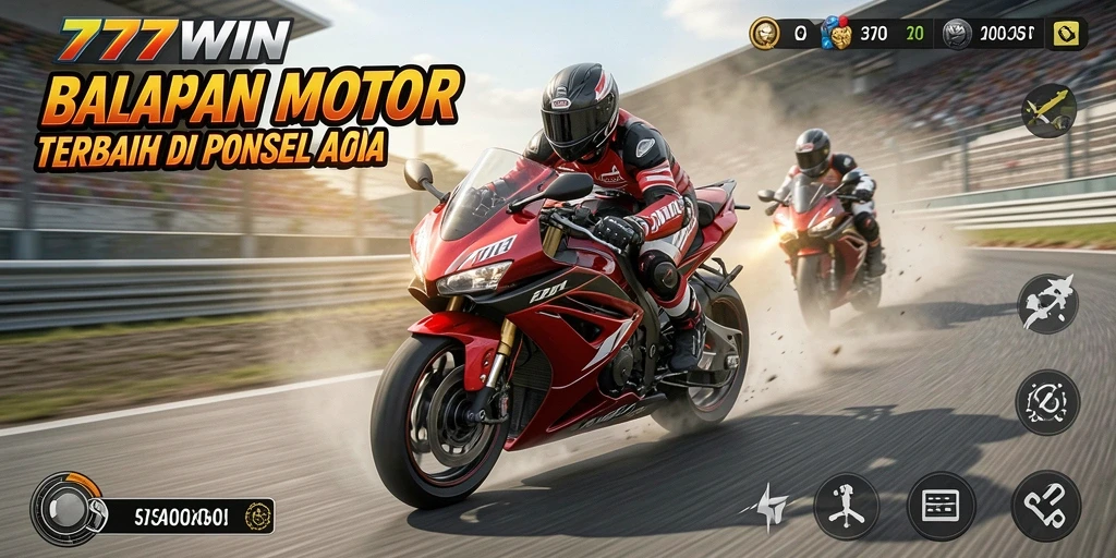 Screenshot gameplay 777WIN menunjukkan aksi balapan motor yang intens.