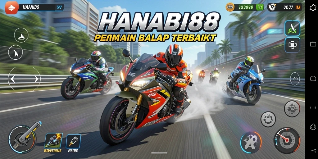Tampilan gameplay HANABI88 dengan balapan motor yang seru.