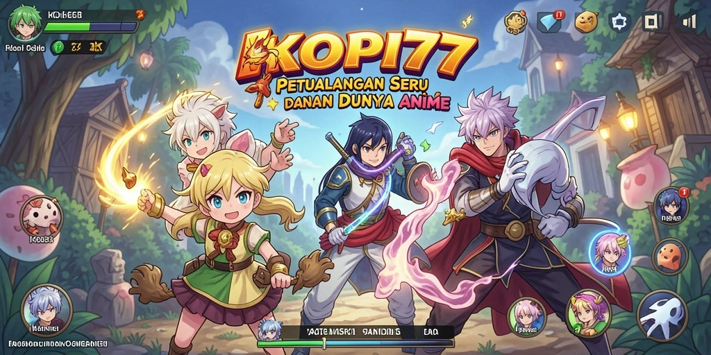 Tampilan gameplay seru KOPI77 dengan karakter anime yang unik.