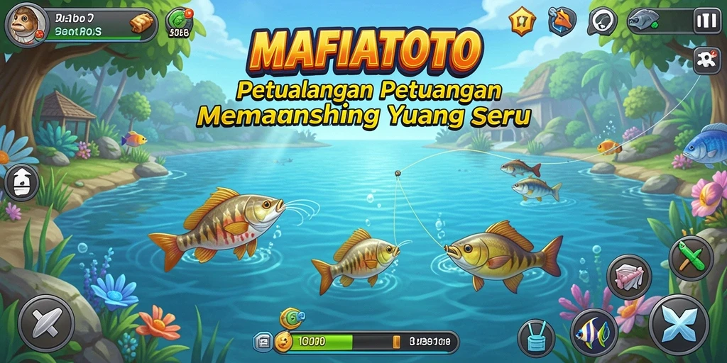 Menampilkan pemain yang sedang memancing di danau yang indah.
