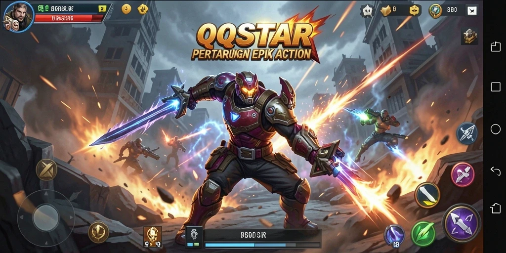 Tampilan gameplay seru dari QQSTAR menunjukkan aksi pertarungan yang intens.