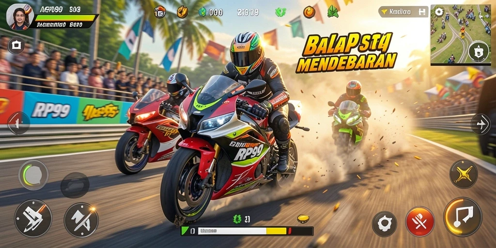 Tampilan gameplay <strong>RP99</strong> yang menegangkan saat balapan motor.