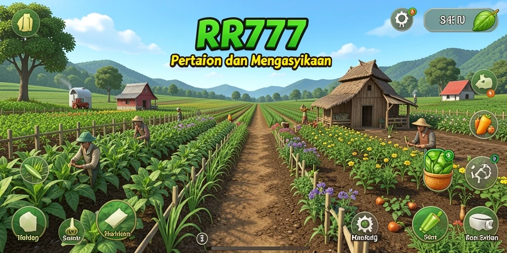 Tampilan gameplay <strong>RR777</strong> menunjukkan ladang yang subur dan tanaman berwarna-warni.